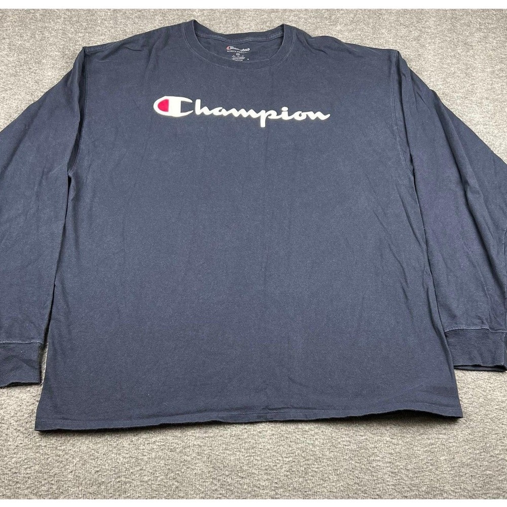 Champion Men's 2XL Long Sleeve Graphic T-Shirt Navy Blue Script Logo